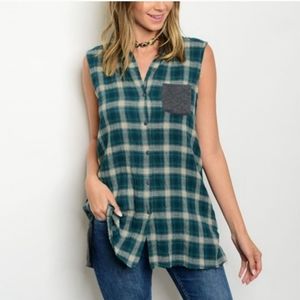 Sleeveless Plaid Flannel Tartan Tunic Top Button Front Green Gray Medium